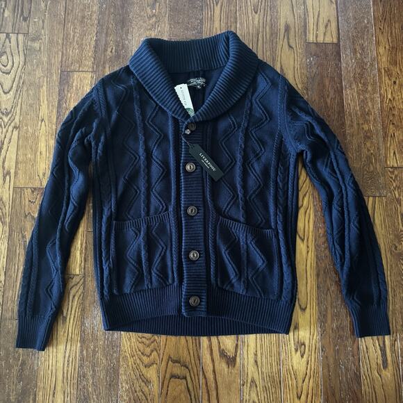 New Liverpool Mens Medium Cable Shawl Collar Cardigan Fisherman Navy Sweater - Picture 6 of 16